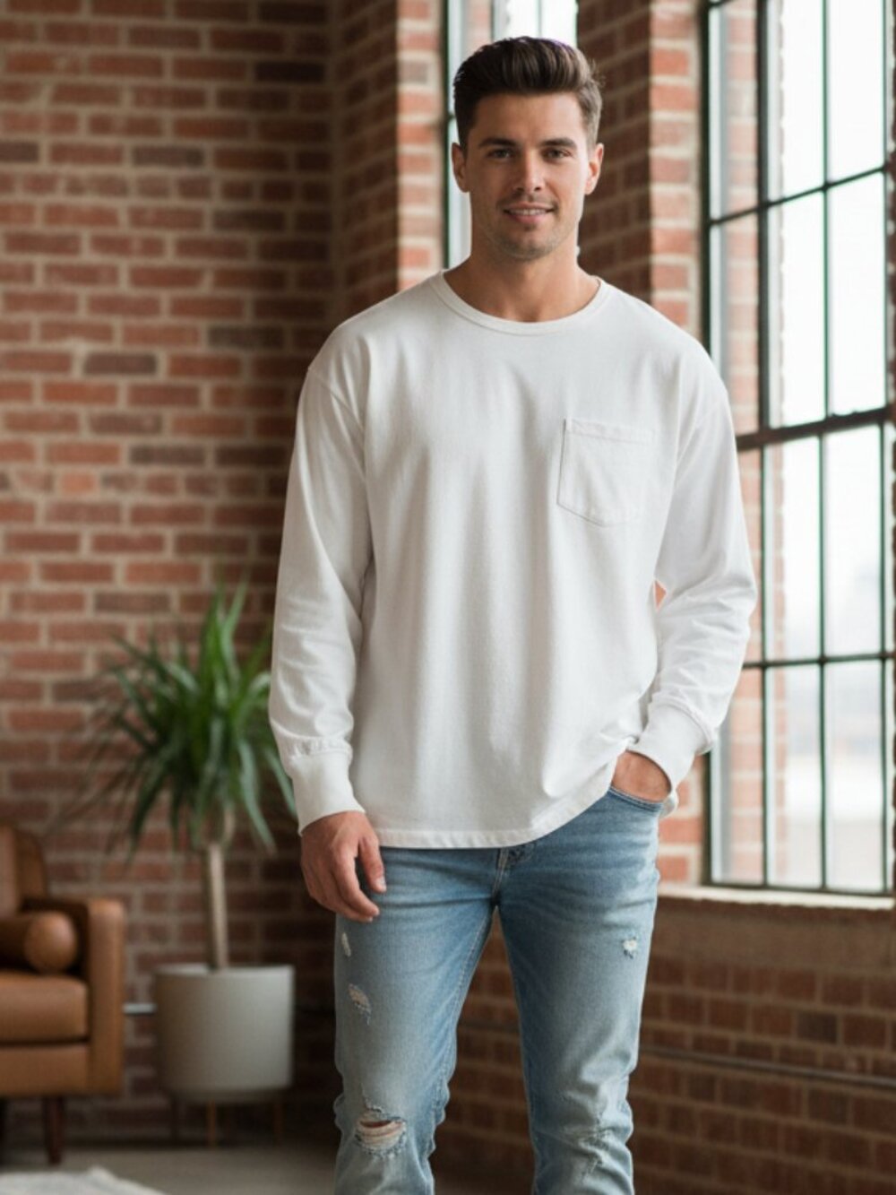 Mens White Long Sleeve Pocket Tee Large Minimalist Casual Layering Shirt